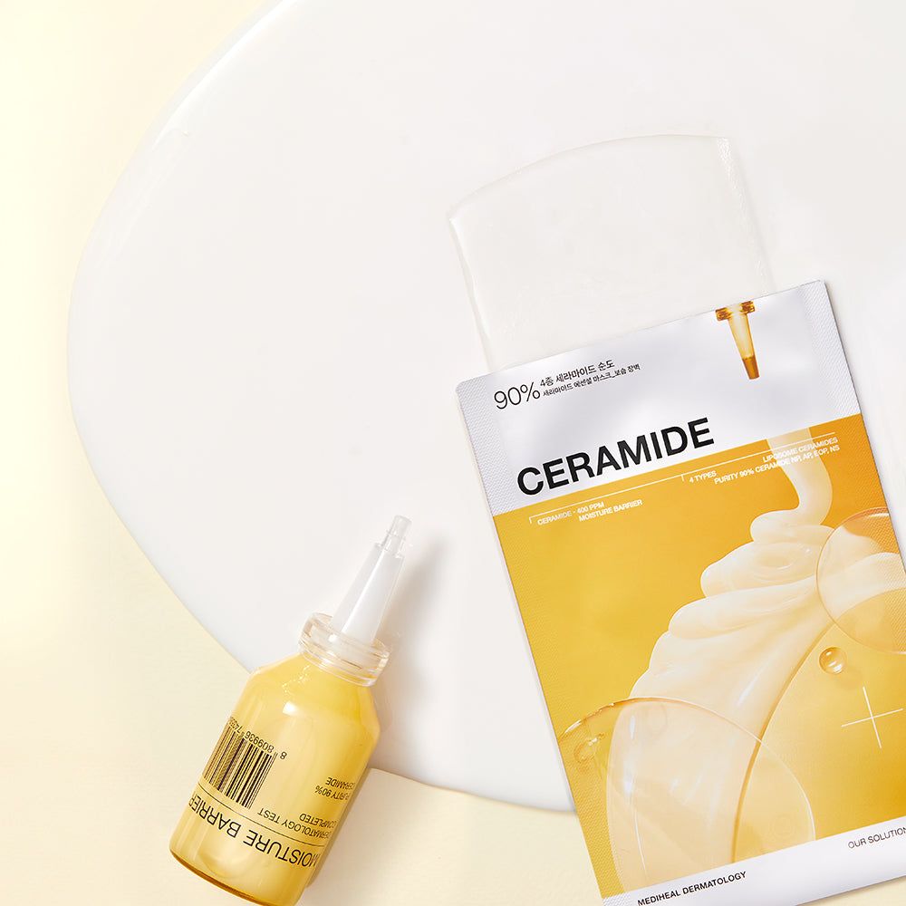 Verpackung und Ampulle auf weißem Untergrund. Text: CERAMIDE, 90%. Ampulle mit Aufschrift MOISTURE BARRIER.