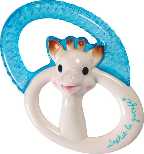 Beißring mit Giraffen-Design. Weißer Körper, blauer Ring. Marke: Sophie la girafe.