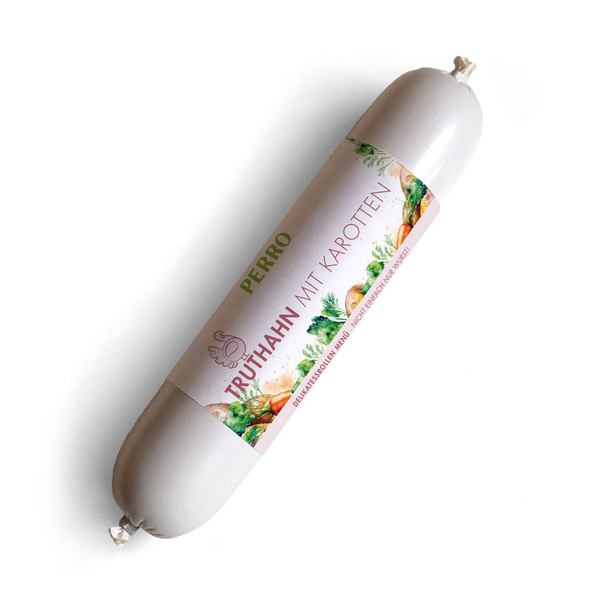 Wurstrolle mit Etikett. Aufschrift: PERRO Truthahn mit Karotten. Produkt für Hunde.