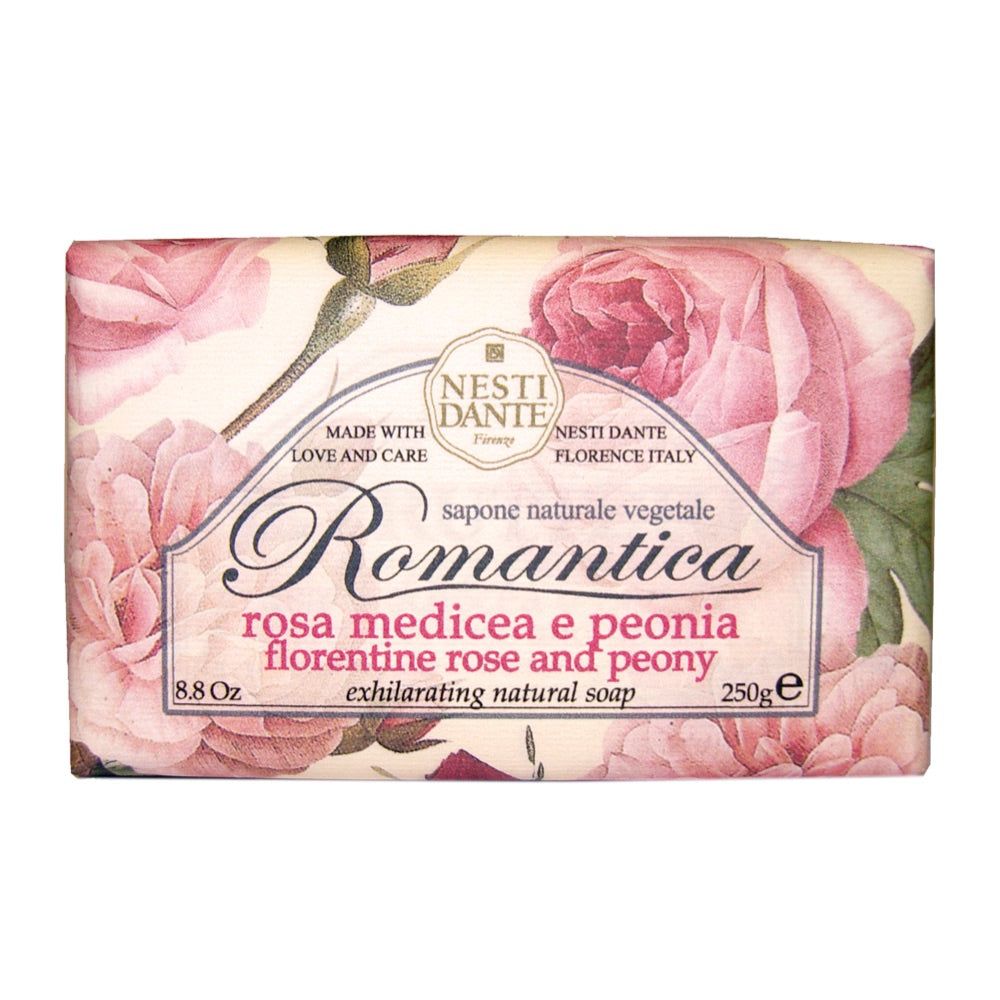 Seife mit floralem Design. Aufschrift: Romantica, Florentine Rose und Peony. Marke: Nesti Dante.