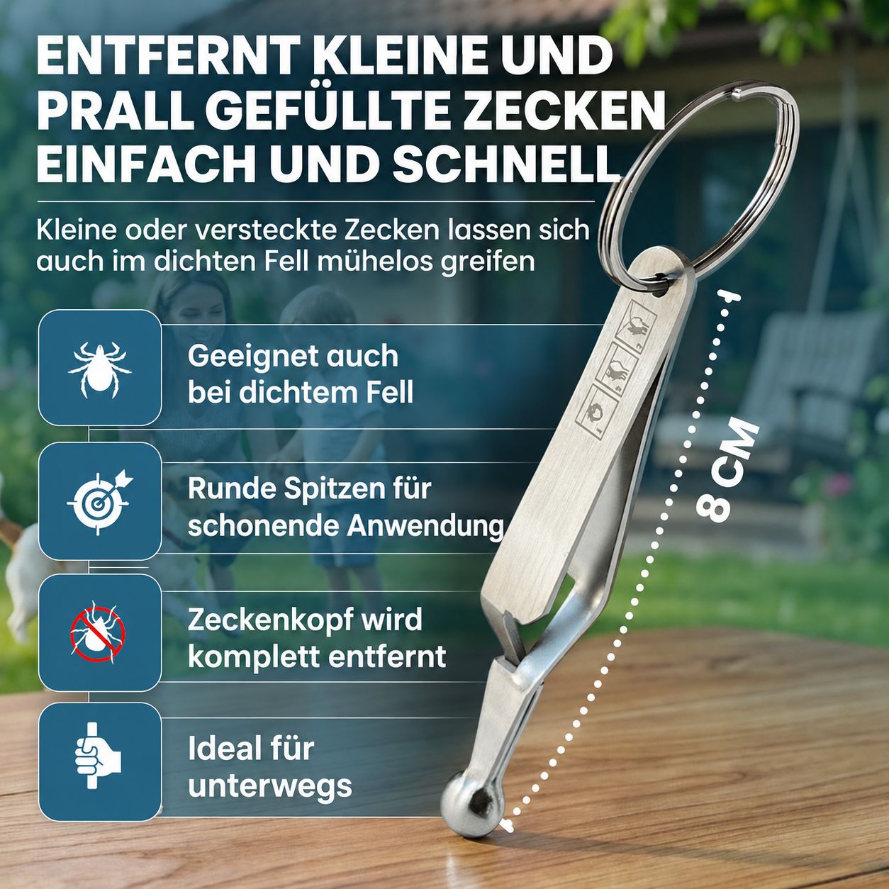 Löffelförmige Zeckenpinzette aus Edelstahl, 8 cm lang, mit Schlüsselring. Geeignet für dichte Felltypen.
