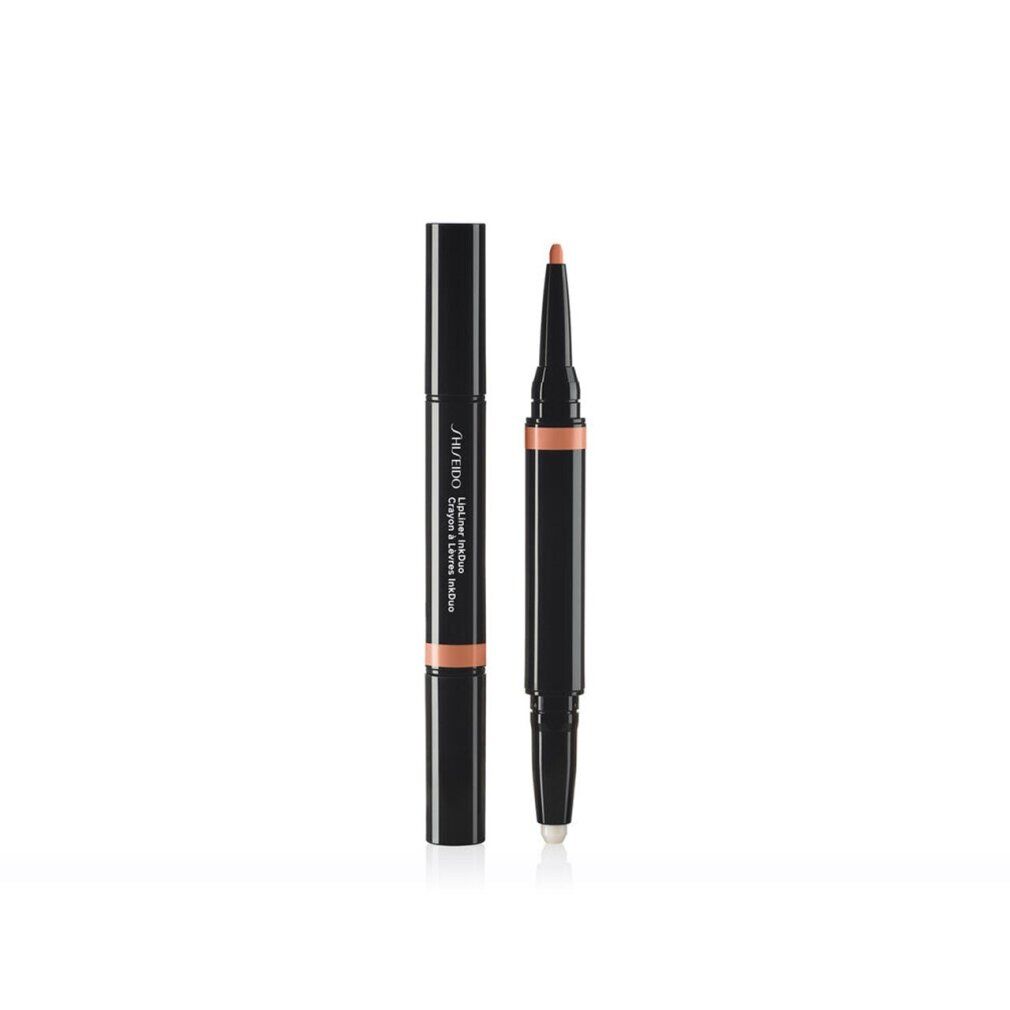 SHISEIDO Lip Liner Ink Duo 01. Schwarzer Stift mit beigefarbener Spitze und Schriftzug. Zwei Enden, eines mit Spitze, eines mit Stift.