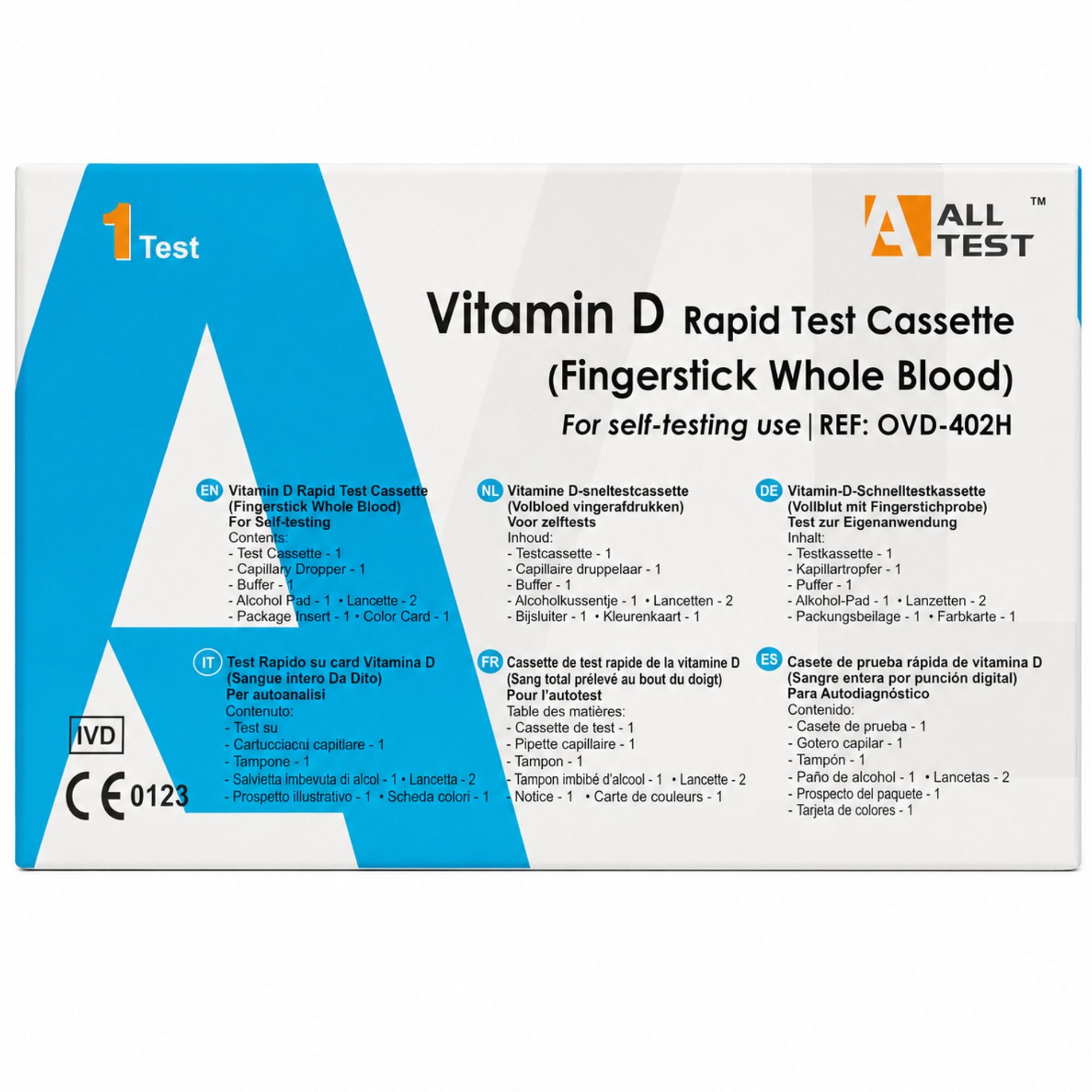 Verpackung des Alltest Vitamin-D Schnelltests mit CE-Kennzeichnung und IVD-Symbol.