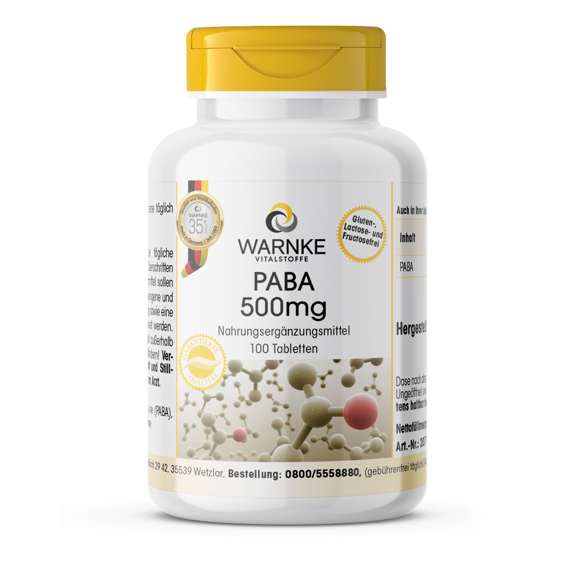 Weiße Flasche mit gelbem Deckel. Aufschrift: Warnke Vitalstoffe PABA 500mg, Nahrungsergänzungsmittel, 100 Tabletten. Mit Siegeln.