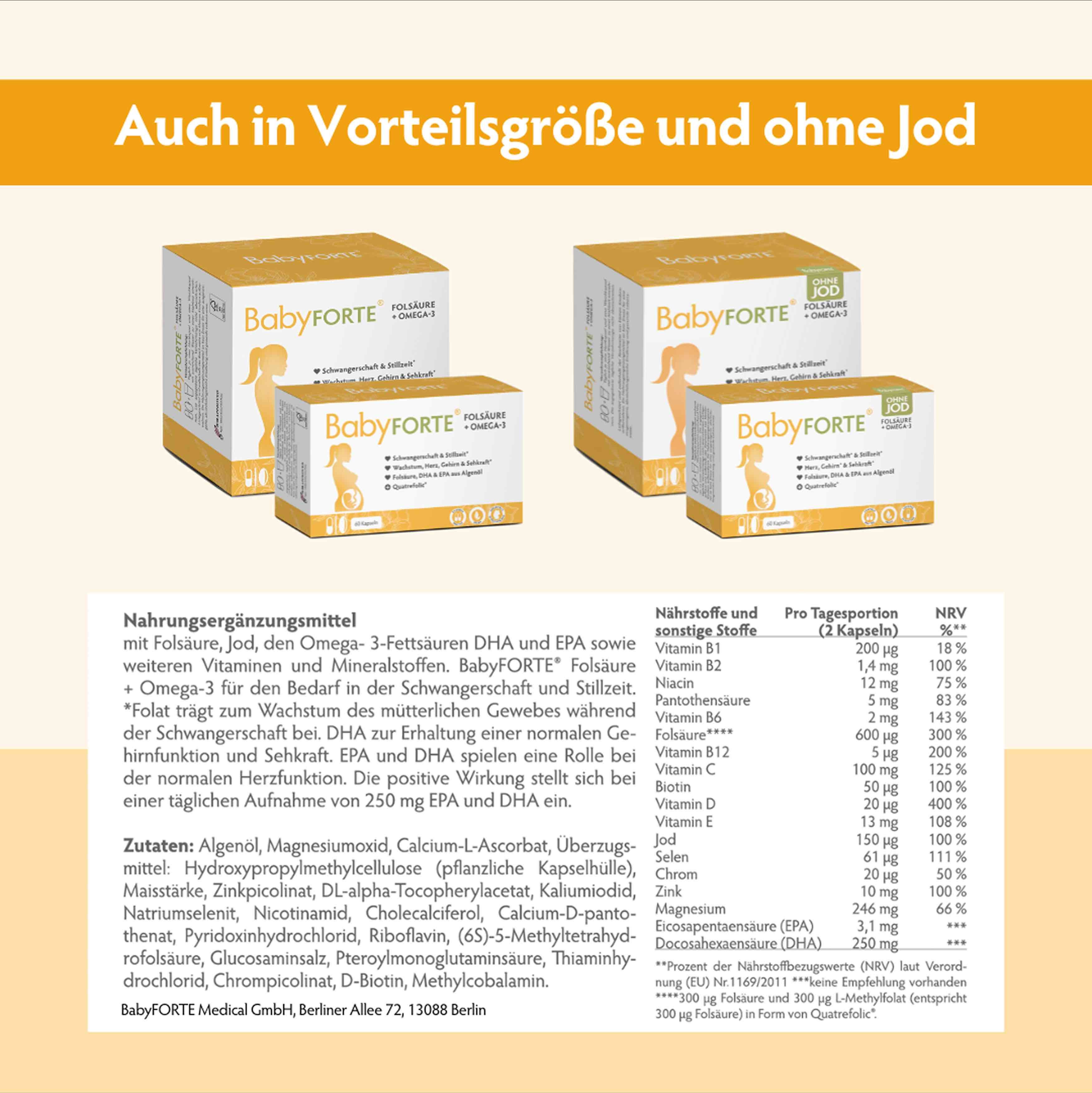 Mehrere Packungen BabyFORTE. Text: Auch in Vorteilgröße und ohne Jod. Nährwerttabelle mit Inhaltsstoffen und Nährwerten.