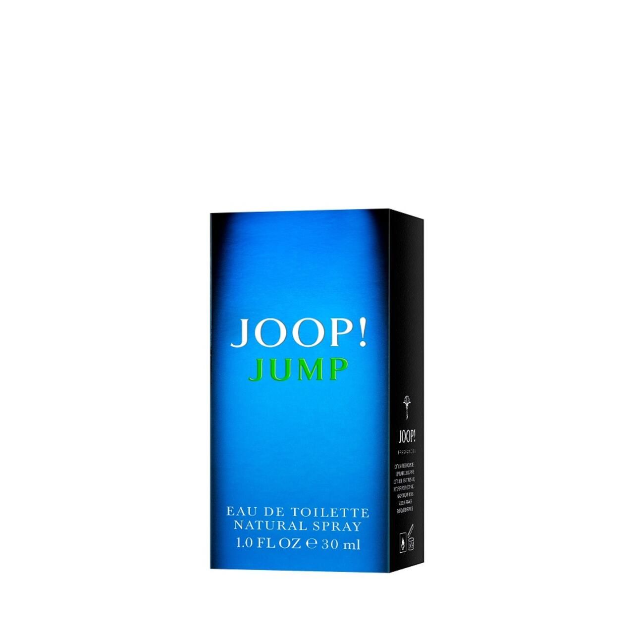 Blaue Verpackung mit Aufschrift JOOP! JUMP. Text: Eau de Toilette Natural Spray. Schwarzer Hintergrund.