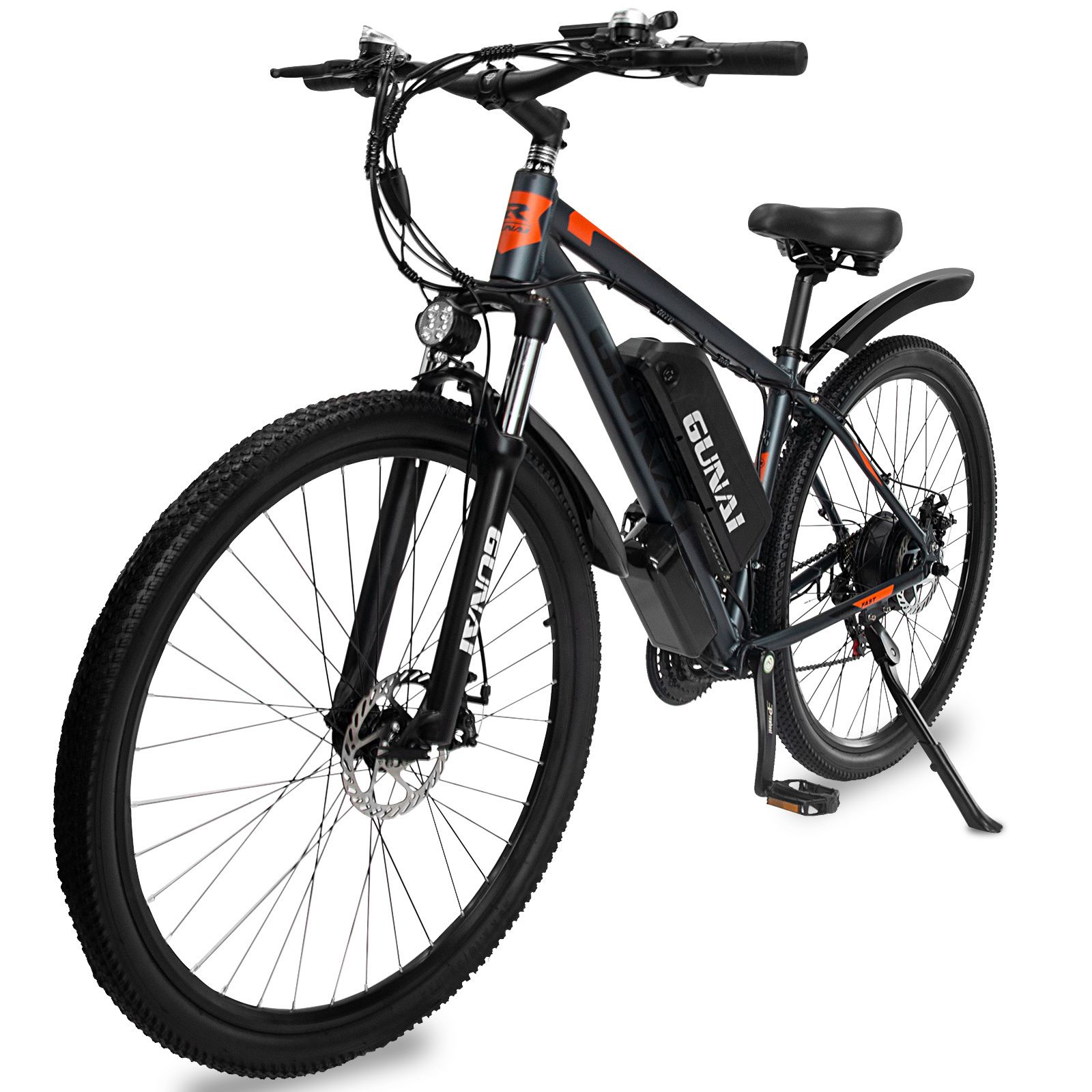 Schwarzes E-Mountainbike mit orangefarbenen Akzenten. Sichtbar: Scheinwerfer, Kotflügel, Scheibenbremsen, GUNAI-Logo.