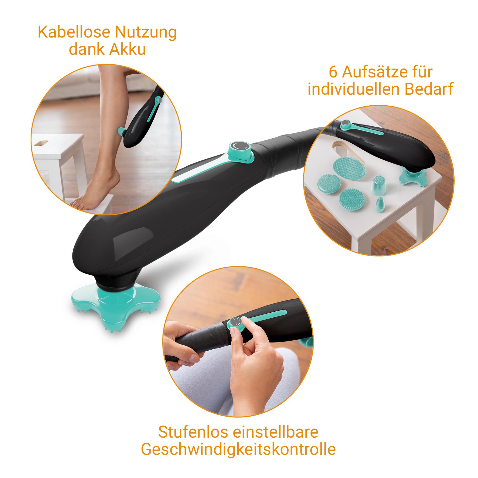 Medisana Handmassagegerät: kabellose Nutzung, 6 Aufsätze, Geschwindigkeitskontrolle.