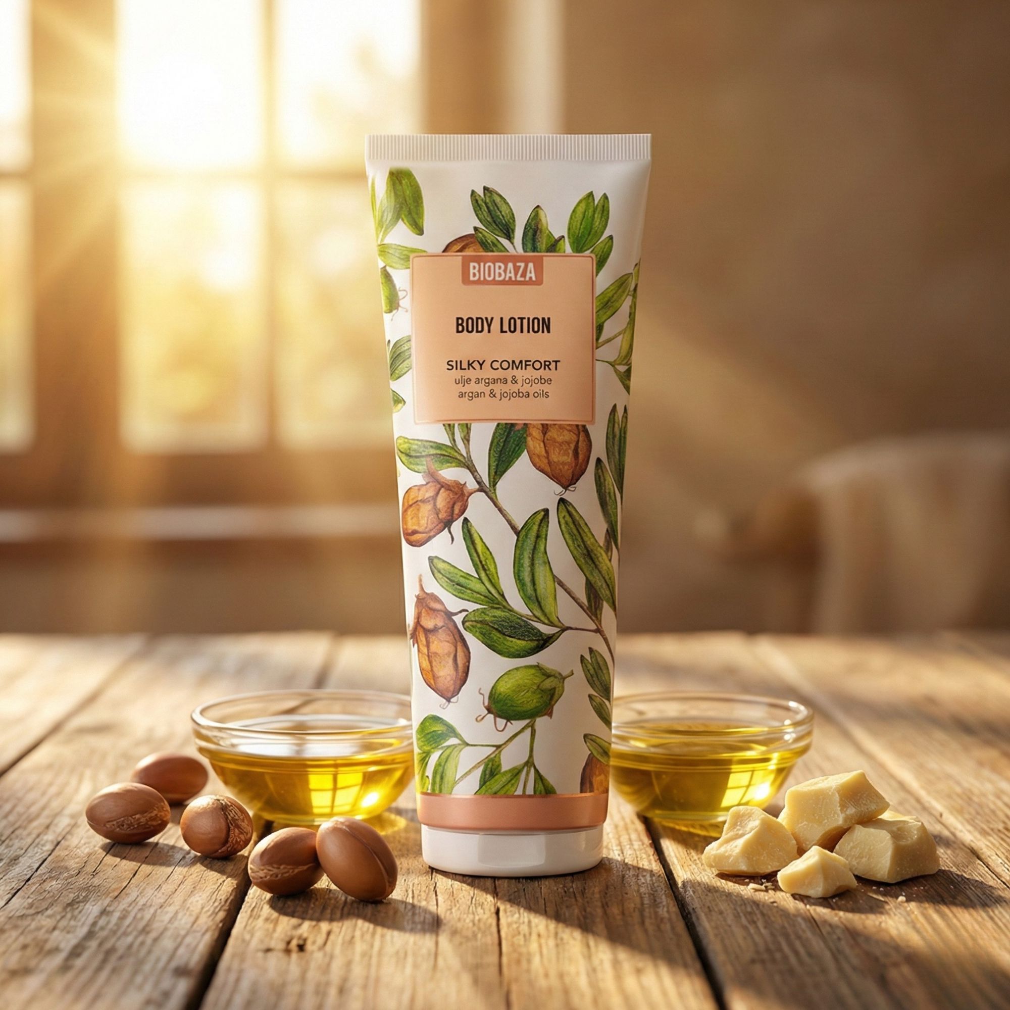 Körperlotion-Tube mit floralem Design. Daneben: Schalen mit Öl, Nüsse und Butterstücke auf Holz.