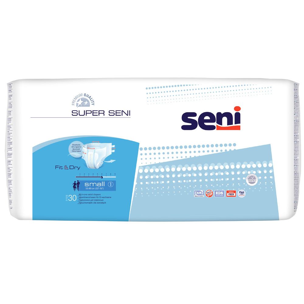 Verpackung mit Super Seni Windeln. Aufschrift: Seni, Fit & Dry, Small, 30 Stück. Blauer Hintergrund.