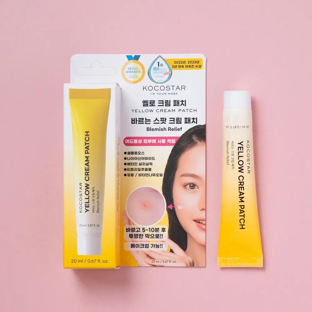 KOCOSTAR Yellow Cream Patch, gelbe Tube und Verpackung. Verpackung mit Frauengesicht. Text: Blemish Relief, 20 ml / 0.67 fl. oz.