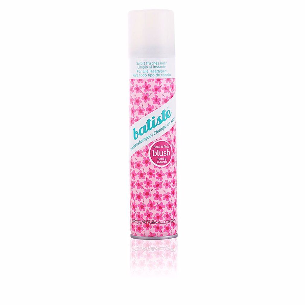 Trockenshampoo-Spraydose mit floralem Muster. Marke Batiste, Produktname Blush. Weißer Deckel, rosa Blüten.