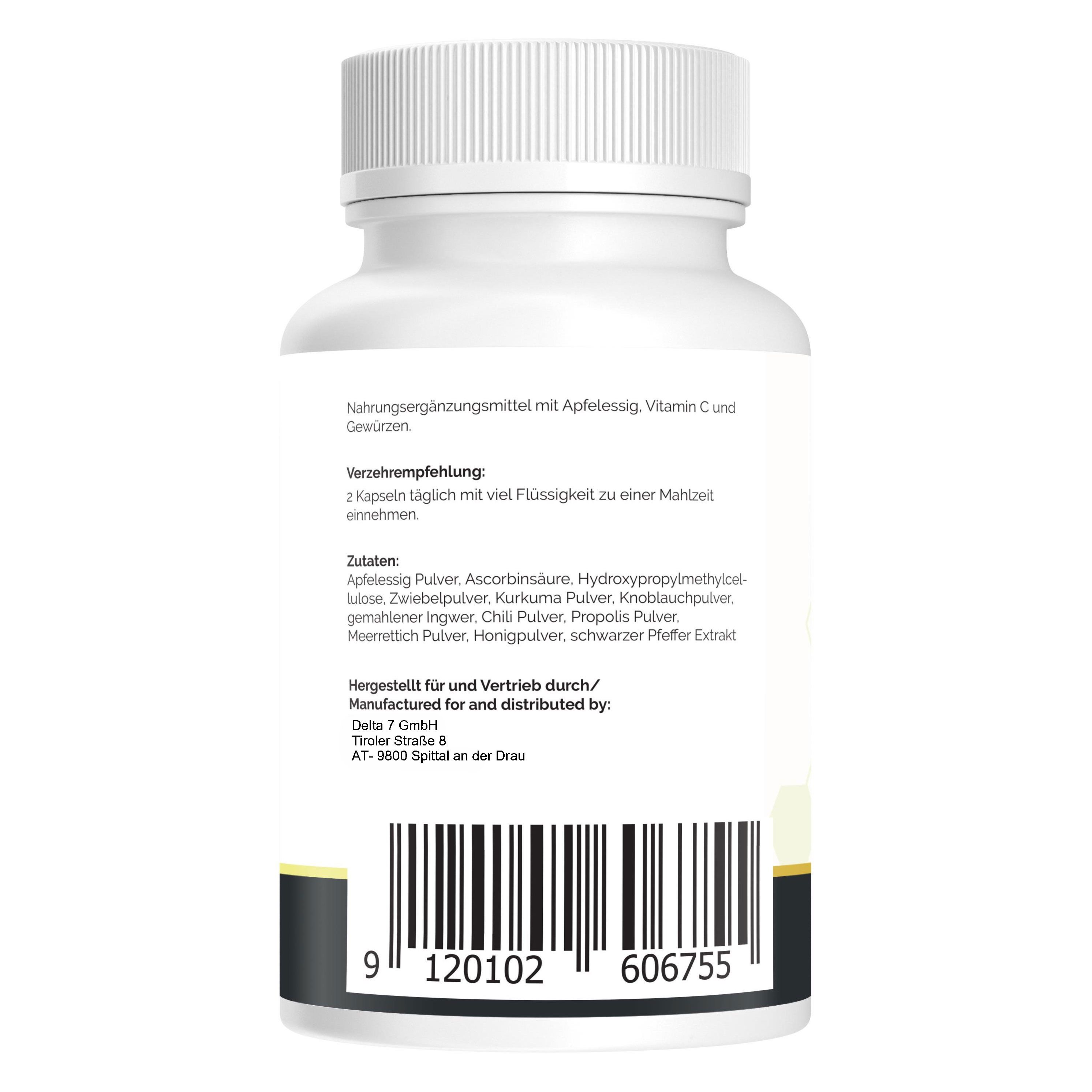 Rückseite der Flasche. Zutatenliste: Apfelessig, Vitamin C, Kurkuma, Ingwer, Propolis, Honigpulver, etc.