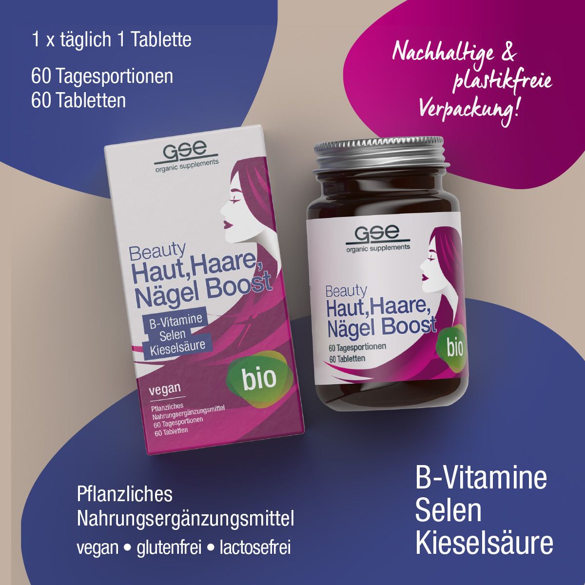 Karton und Flasche mit Beauty Haut, Haare, Nägel Boost. Bio-Siegel. Text: Nachhaltige & plastikfreie Verpackung!