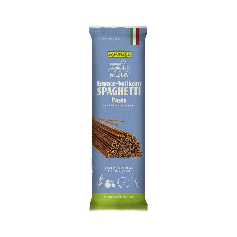 Blaue Verpackung mit Rapunzel-Logo. Emmer-Vollkorn Spaghetti. Sichtbare Nudeln. Text: vegan, ohne Ei.