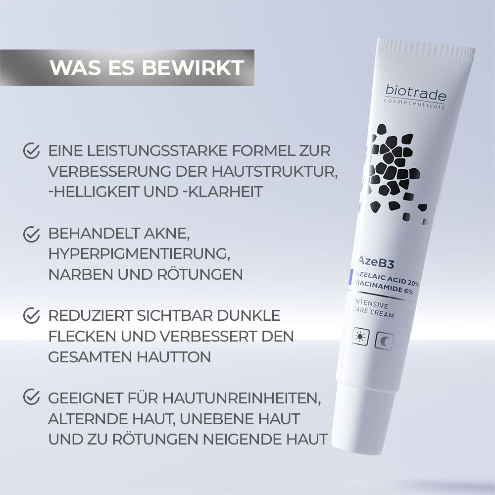 Weiße Tube mit Produktinformationen. Text: AzeB3 Intensivpflegecreme. Enthält Azelainsäure und Niacinamid. Aufschrift: Biotrade.