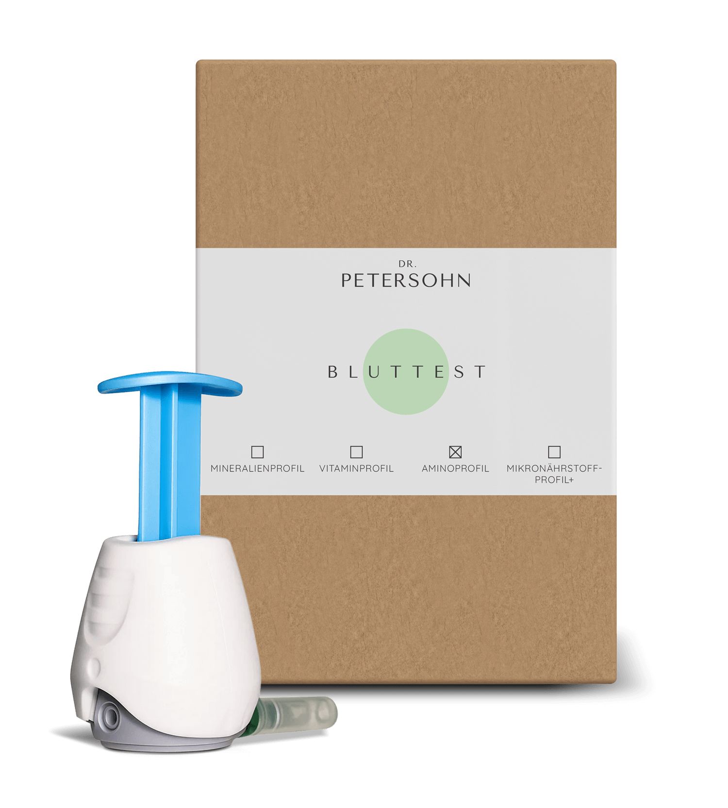 Ein weißer und grauer Bluttest-Kit mit blauem Kolben, neben einer braunen Box mit "Dr. Petersohn Bluttest" Aufschrift.