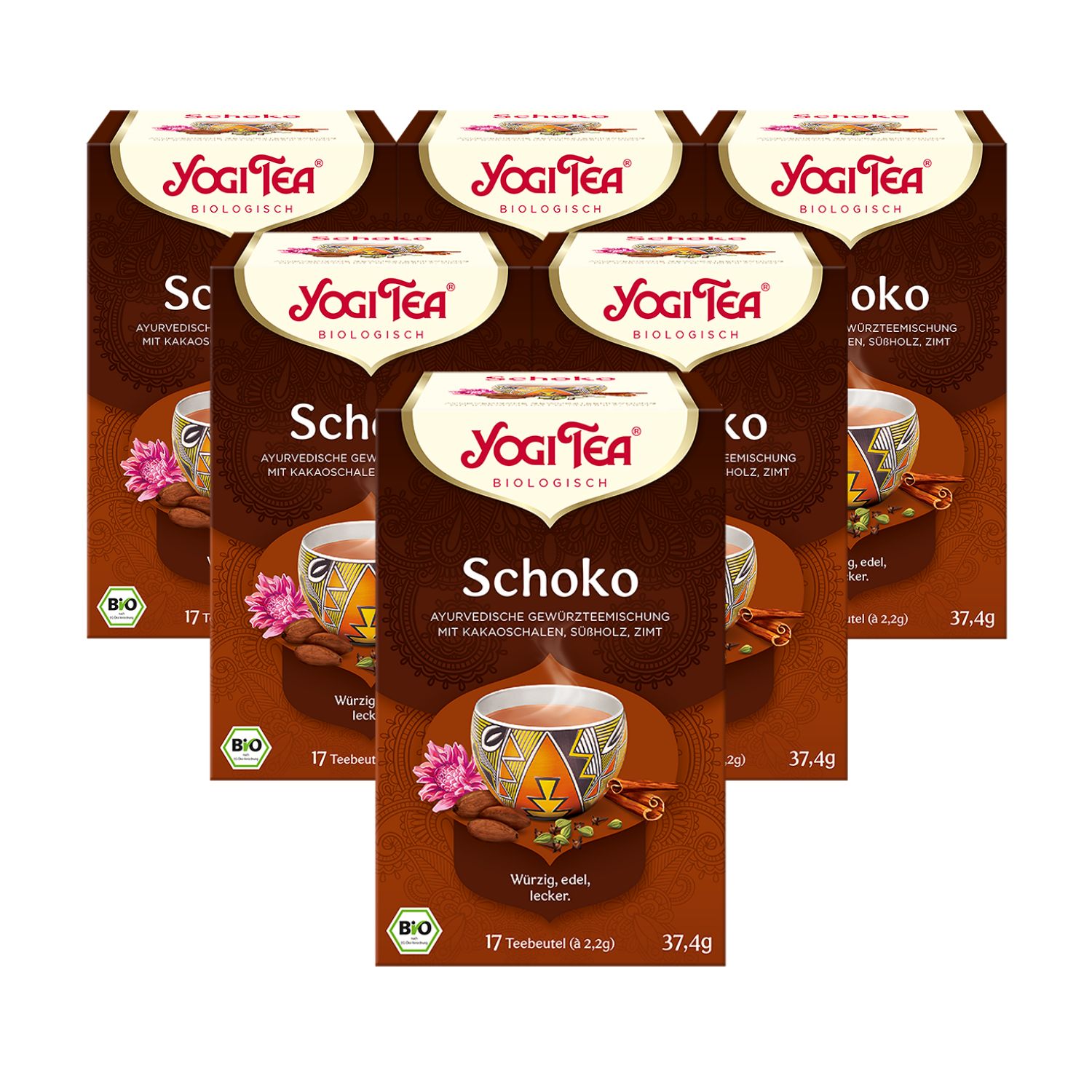 Mehrere Schachteln Yogi Tea Schoko. Braune Verpackung mit Logo und Produktbezeichnung. Bio-Siegel und Inhaltsangaben.