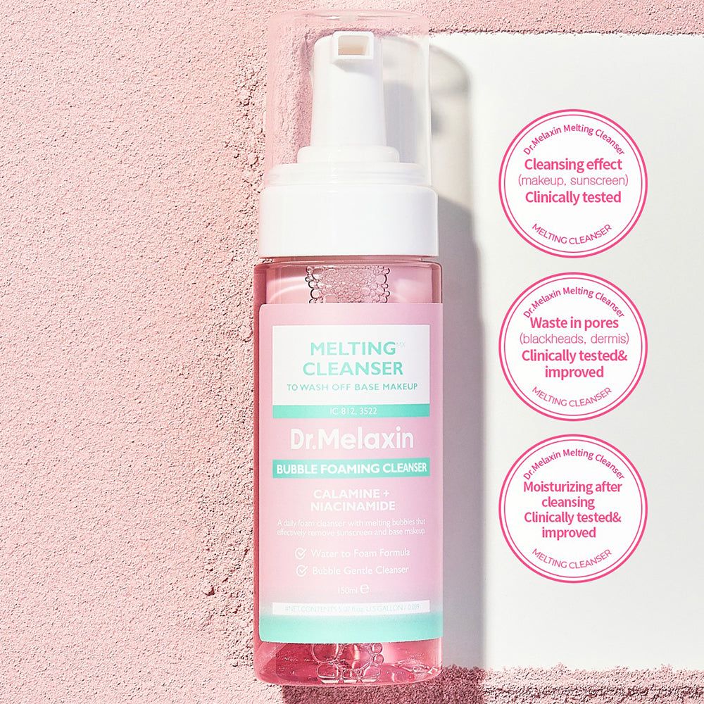 Rosa Flasche mit weißem Pumpkopf. Aufschrift: Dr. Melaxin, Melting Cleanser, Bubble Foaming Cleanser. Klinisch getestet.
