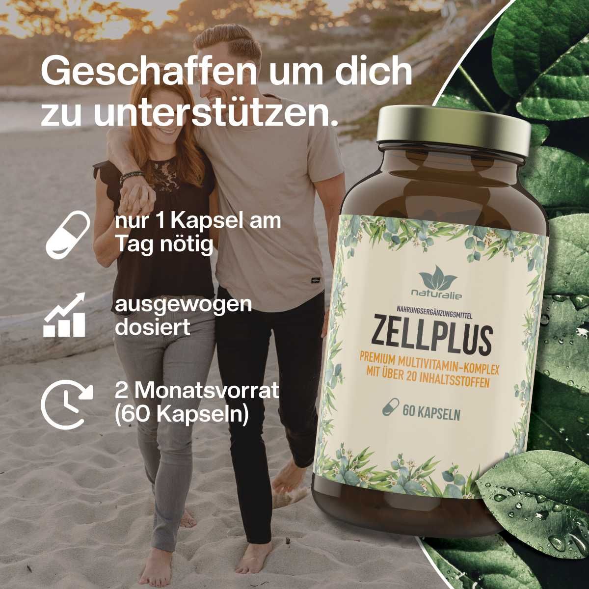 Flasche Zellplus Multivitamin-Komplex auf einem Strandhintergrund. Icons zeigen 1 Kapsel täglich, ausgewogene Dosierung, 2-Monatsvorrat.