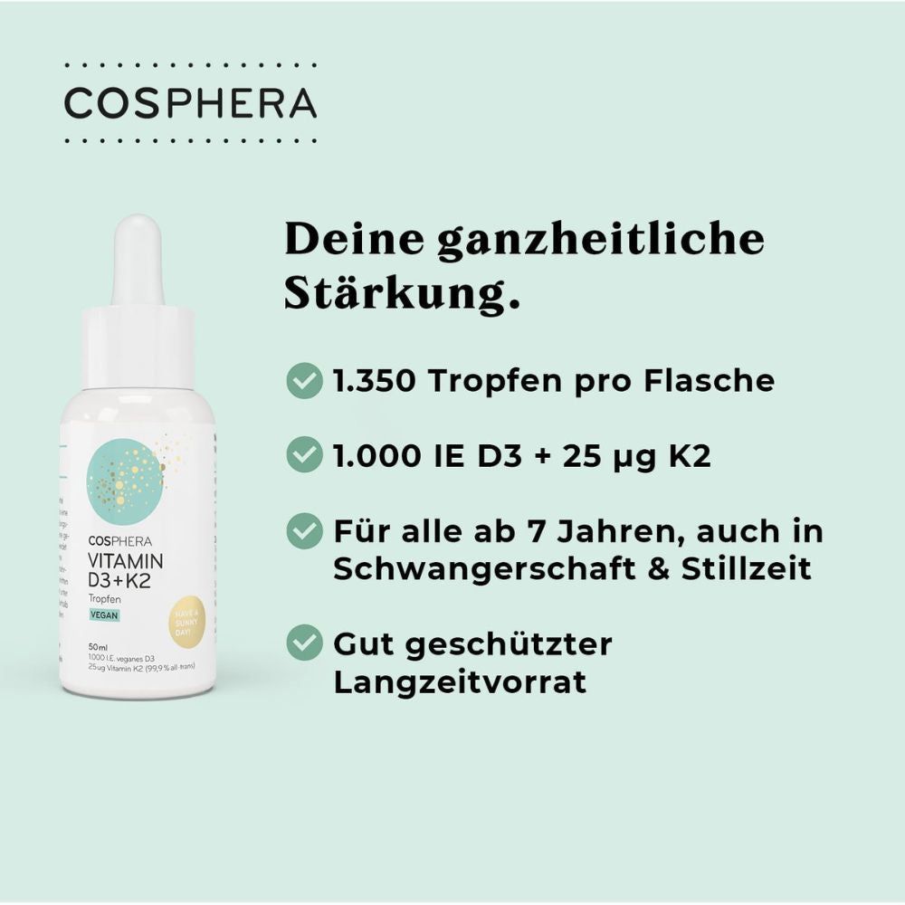 Cosphera Vitamin D3+K2 Tropfen in einer weißen Flasche. 1.350 Tropfen pro Flasche. Für Schwangerschaft & Stillzeit.