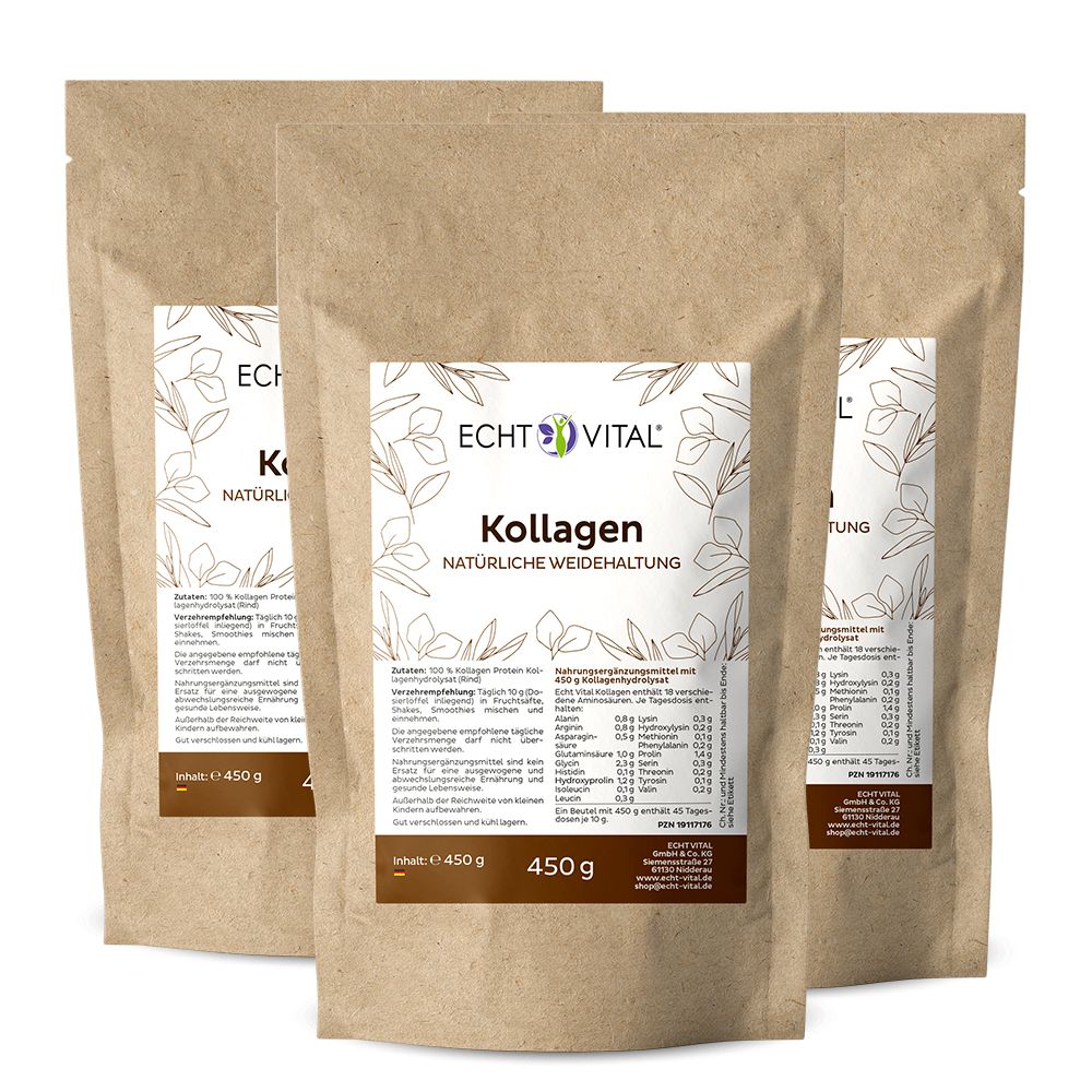 Drei Beutel Kollagen-Pulver mit Etiketten, die Produktinformationen und Marke zeigen.
