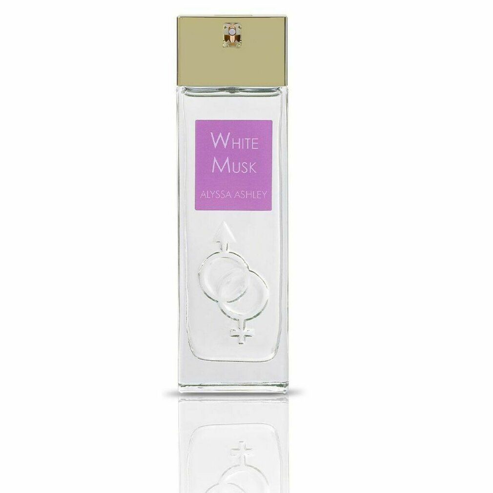 Alyssa Ashley White Musk Eau de Parfum Spray. Rechteckiger Flakon mit goldfarbenem Deckel. Lila Etikett mit Schriftzug.