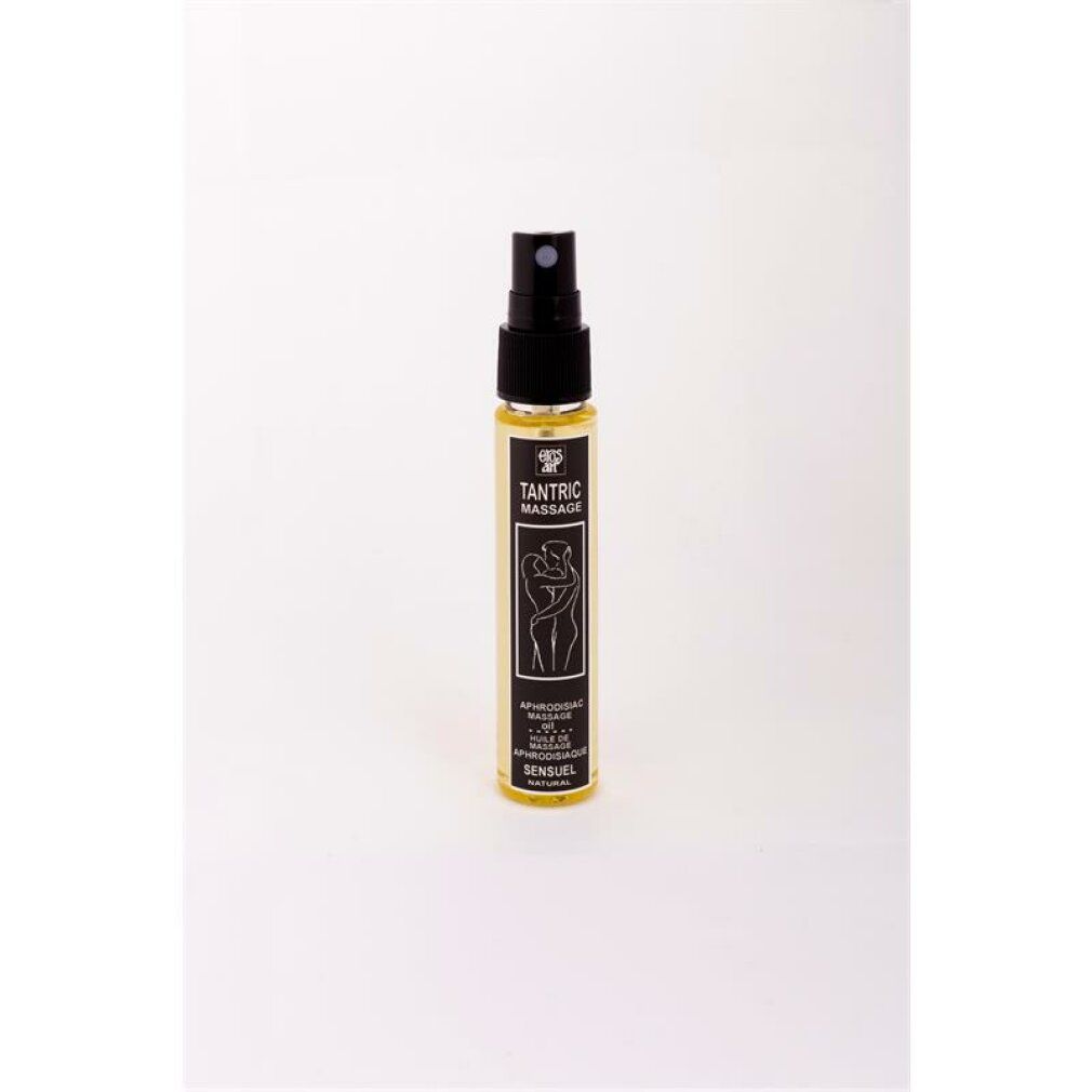 Kleine Flasche mit Sprühkopf. Aufschrift: Tantric Massage, Aphrodisiac Massage, Sensuel Natural.