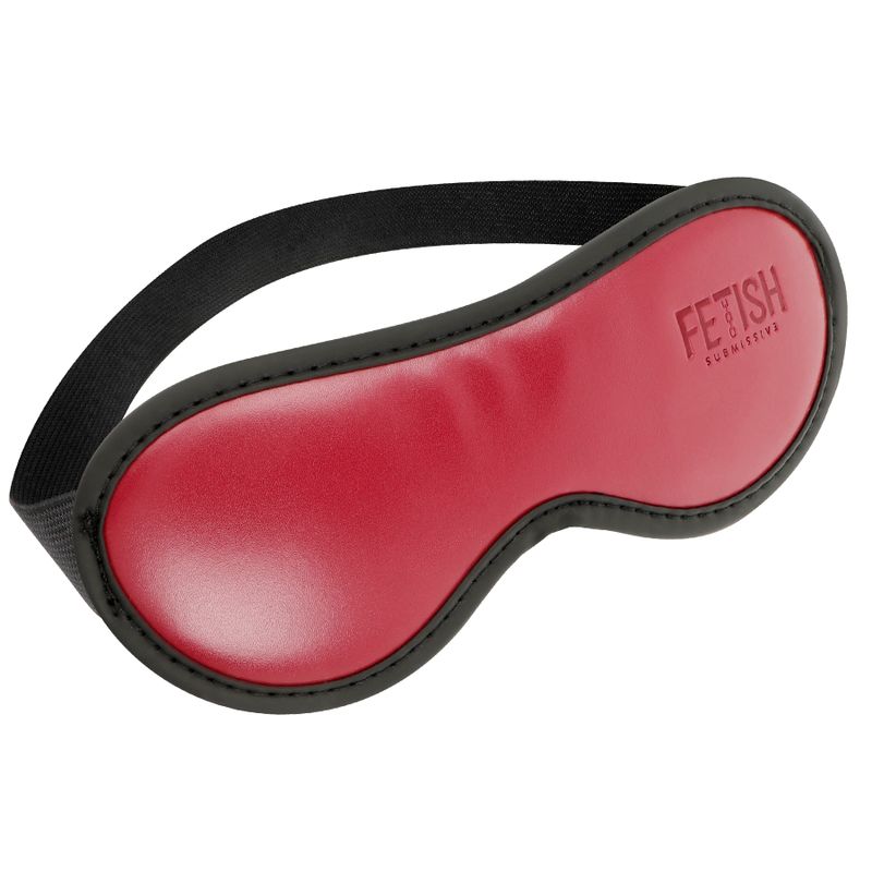 Rote Augenmaske mit schwarzem Rand und Gummiband. Aufschrift: FETISH SUBMISSIVE. Produktansicht von oben.