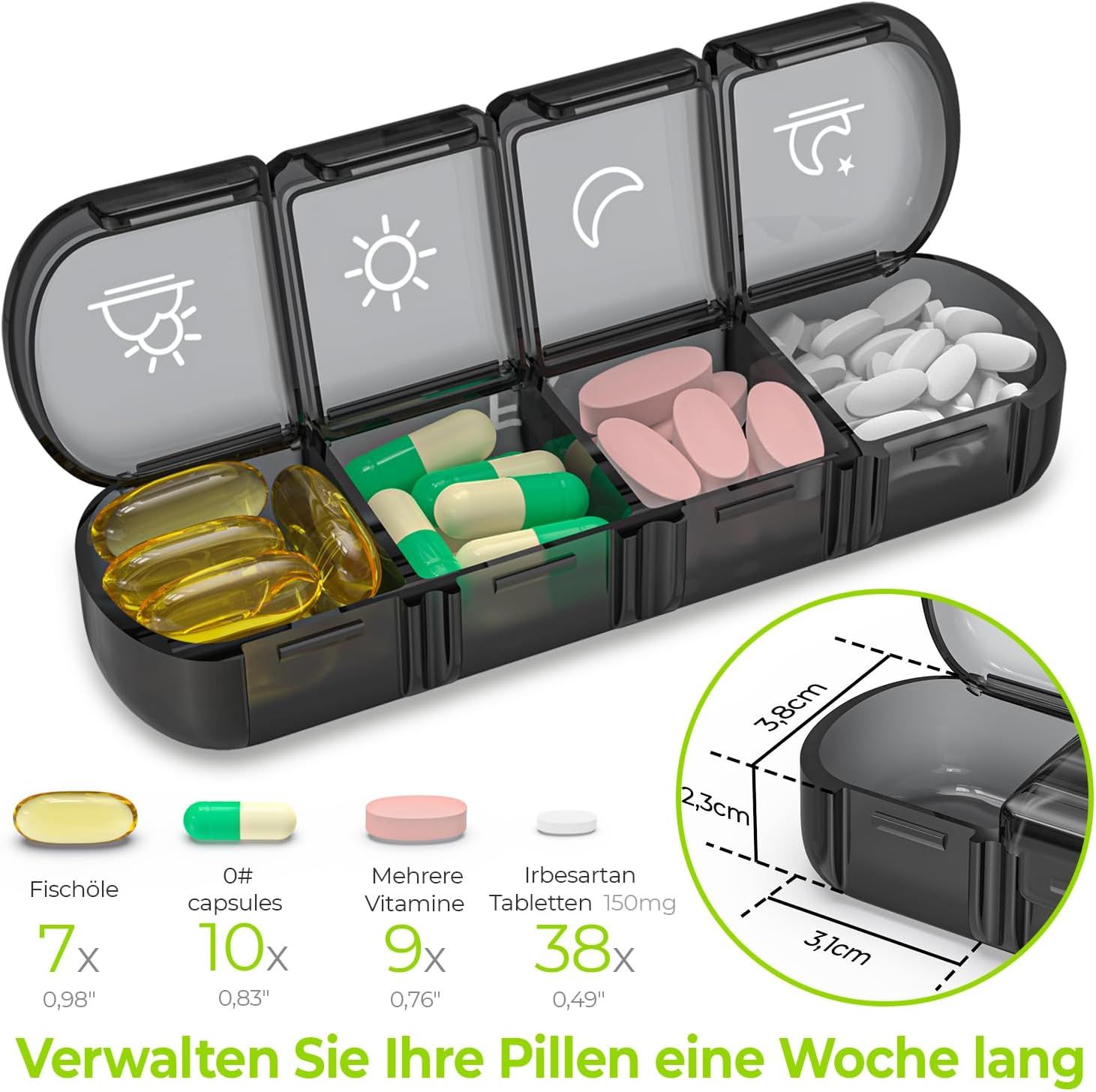 Ein offener Pillenbehälter mit sieben Fächern, die nach Tagen beschriftet sind.