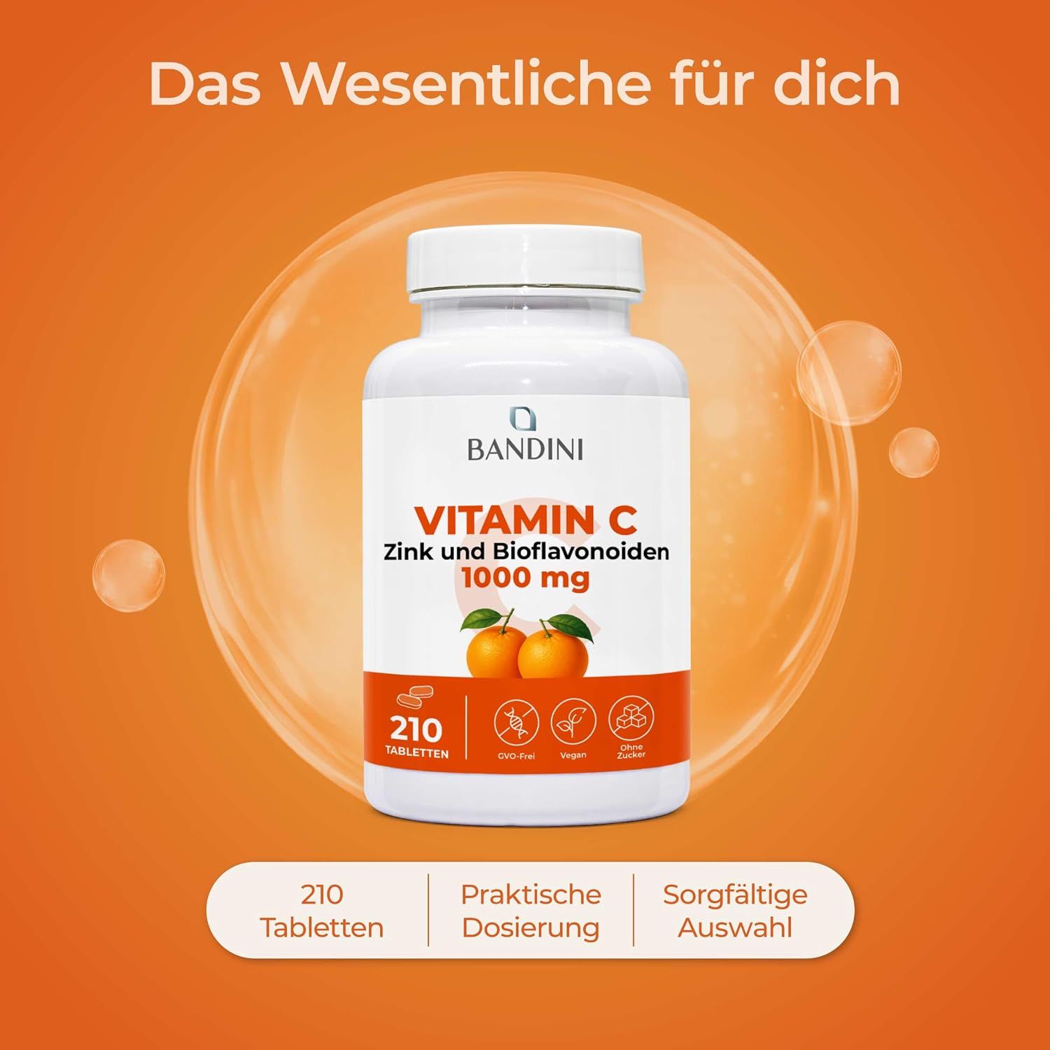 Bandini Vitamin C, Zinc, and Bioflavonoids 1000 mg, 210 tablets. Bottle with oranges and leaves.
