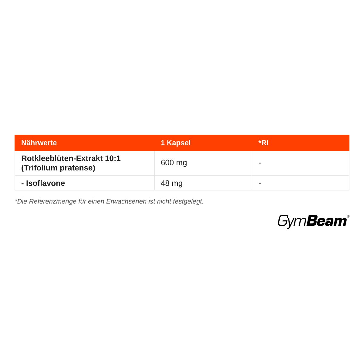 Nährwerttabelle für Rotklee Extrakt 10:1 Kapseln: 600 mg Extrakt, 48 mg Isoflavone pro Kapsel.