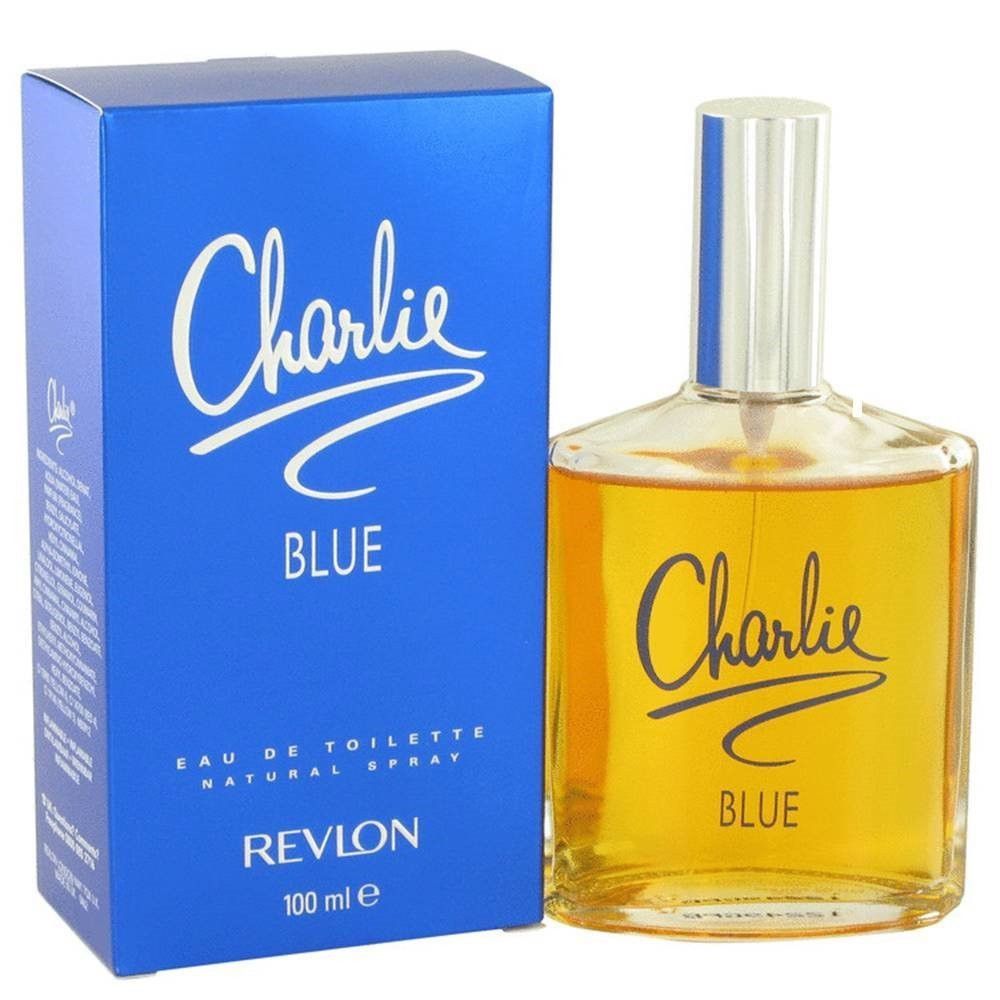 Blauer Karton und Glasflakon. Aufschrift 'Charlie Blue'. 'Revlon' und '100 ml' sichtbar.