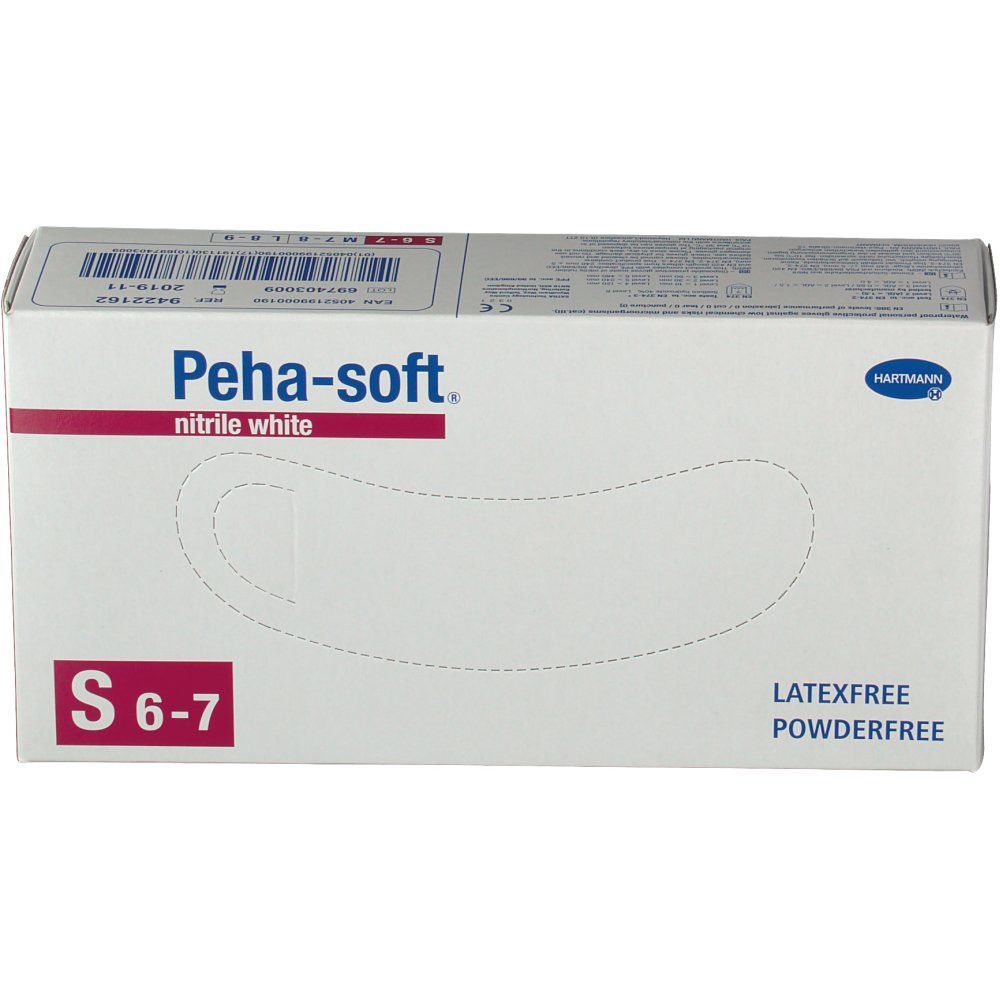 Weiße Box mit Peha-soft Nitril-Handschuhen. Größe S 6-7. Latex- und puderfrei. Hartmann Logo.