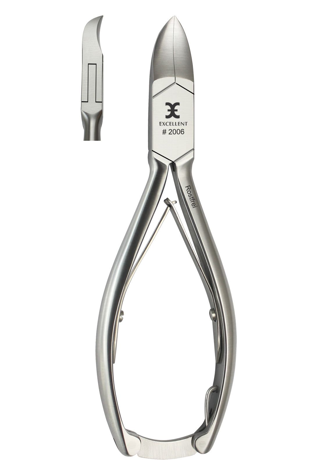Nagelzange, Edelstahl, mit gebogener Schneide. Marke Excellent, Modell 2006. Rostfrei.