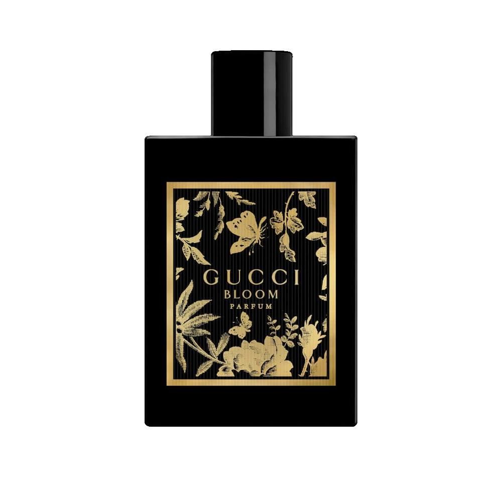 Schwarzer Flakon mit goldenem Etikett. Aufschrift: Gucci Bloom Parfum. Quadratische Form mit schwarzem Verschluss.