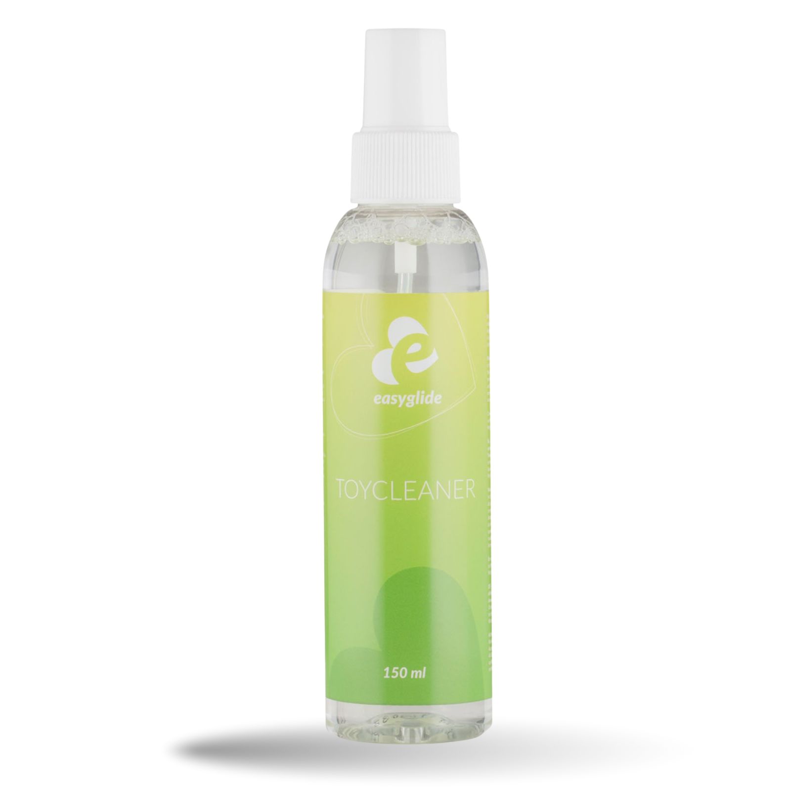 Transparente Flasche mit Sprühkopf. Etikett mit "easyglide TOYCLEANER" und 150 ml. Grün-gelbes Design.