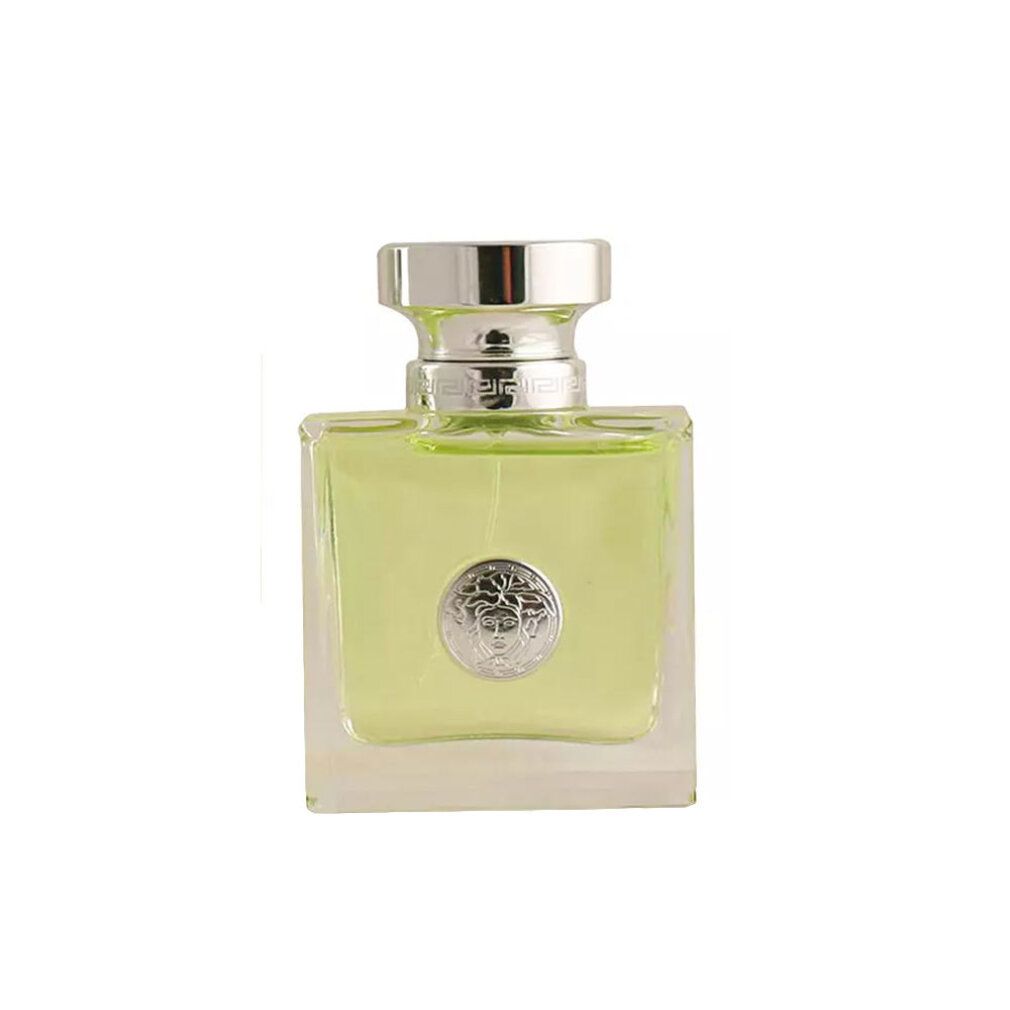 Versace Versense Eau de Toilette Spray. Quadratischer Flakon mit silbernem Verschluss und Medusa-Logo.