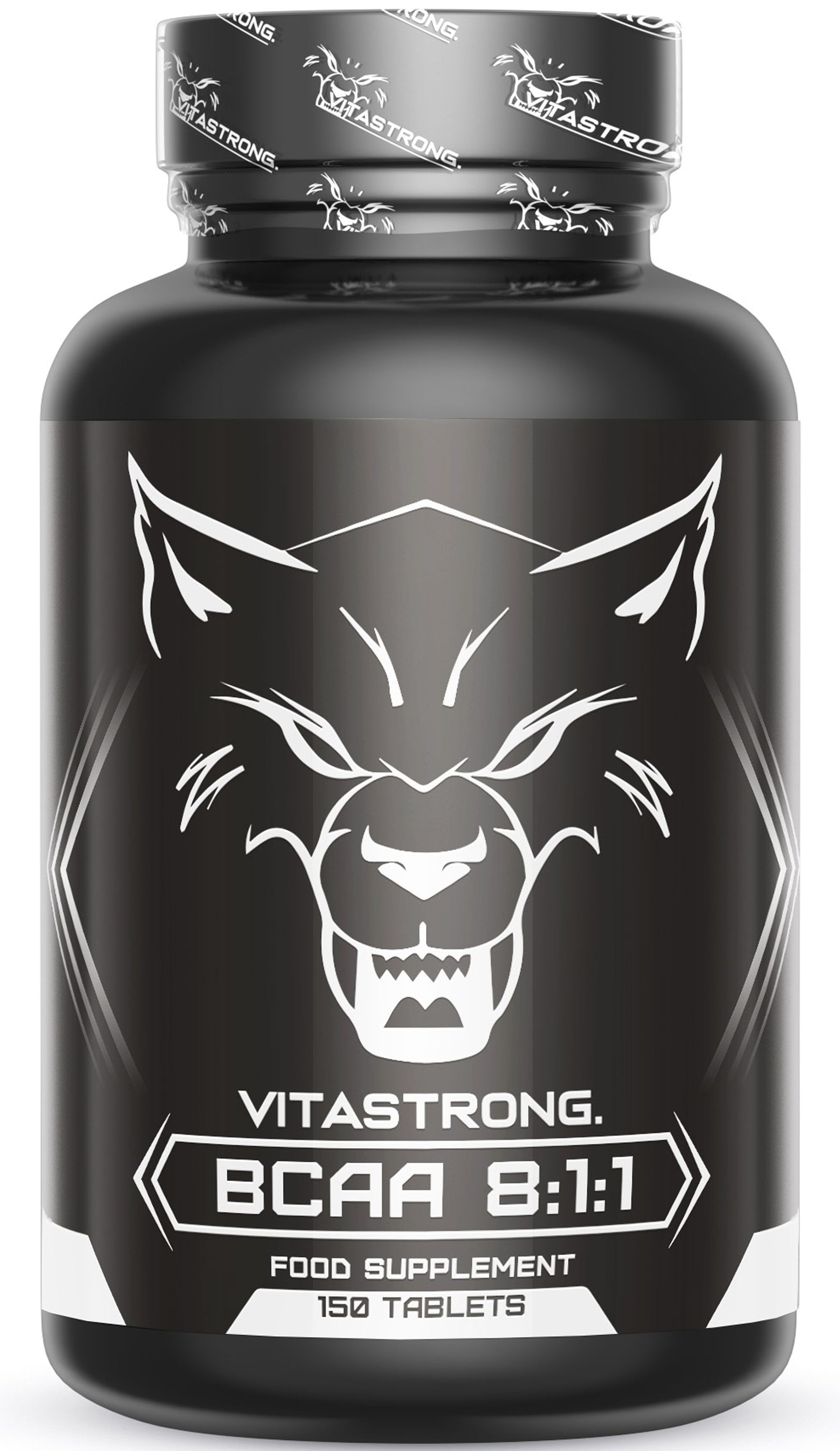 Schwarzer Behälter mit Vitastrong BCAA 8:1:1 Aufdruck und Wolfskopf-Logo.