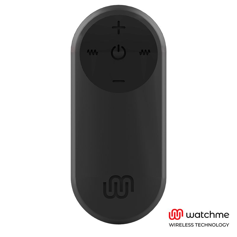 Schwarze Fernbedienung für Wearwatch mit Tasten für Ein/Aus, Intensität und Funktion. Watchme-Logo unten.