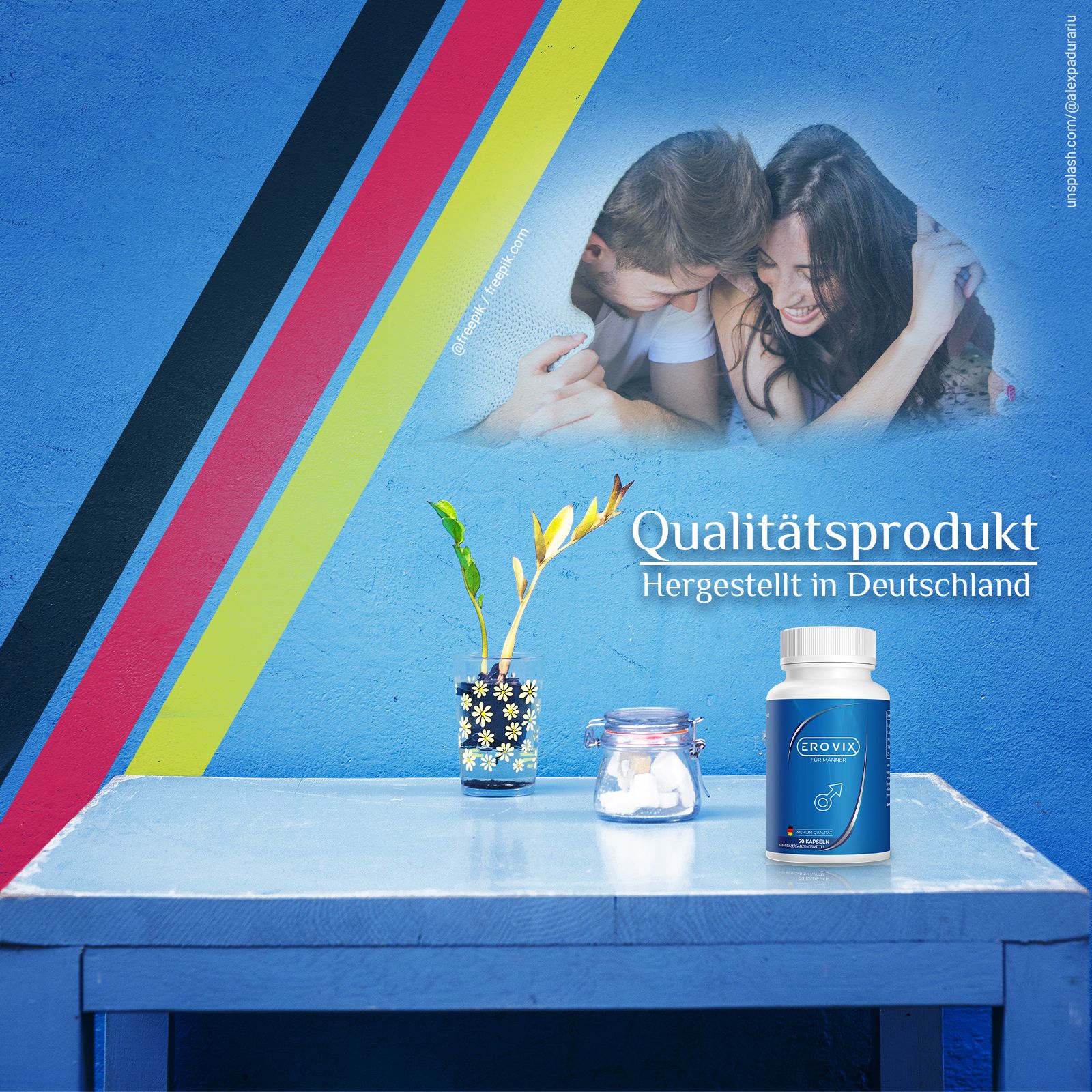 Flasche "EROVIX" auf Tisch. Text: "Qualitätsprodukt hergestellt in Deutschland". Hintergrund: Paar, Pflanzen, blaue Wand.