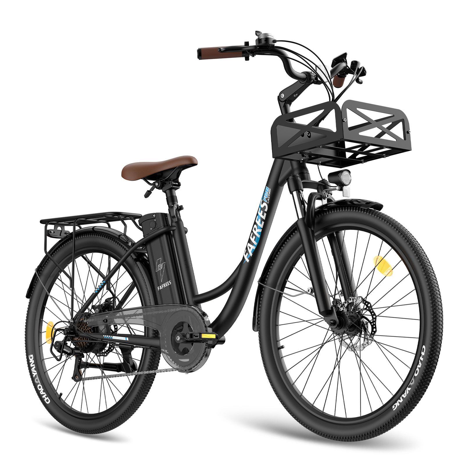 Schwarzes E-Bike mit braunem Sattel und Lenker. Korb vorne, Gepäckträger hinten. Marke Fafrees.