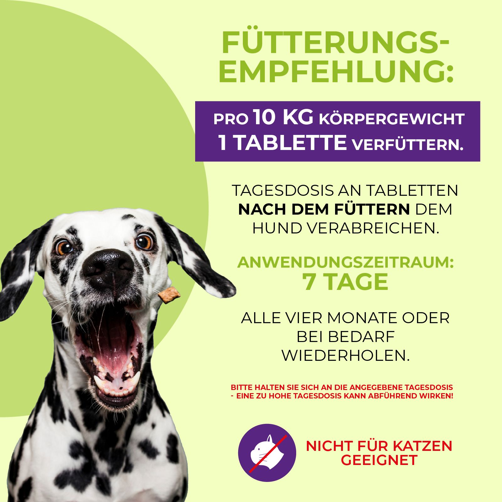 Infografik mit Fütterungsempfehlung für Wurm Tabletten. Text und ein Dalmatiner-Hund. Nicht für Katzen geeignet.