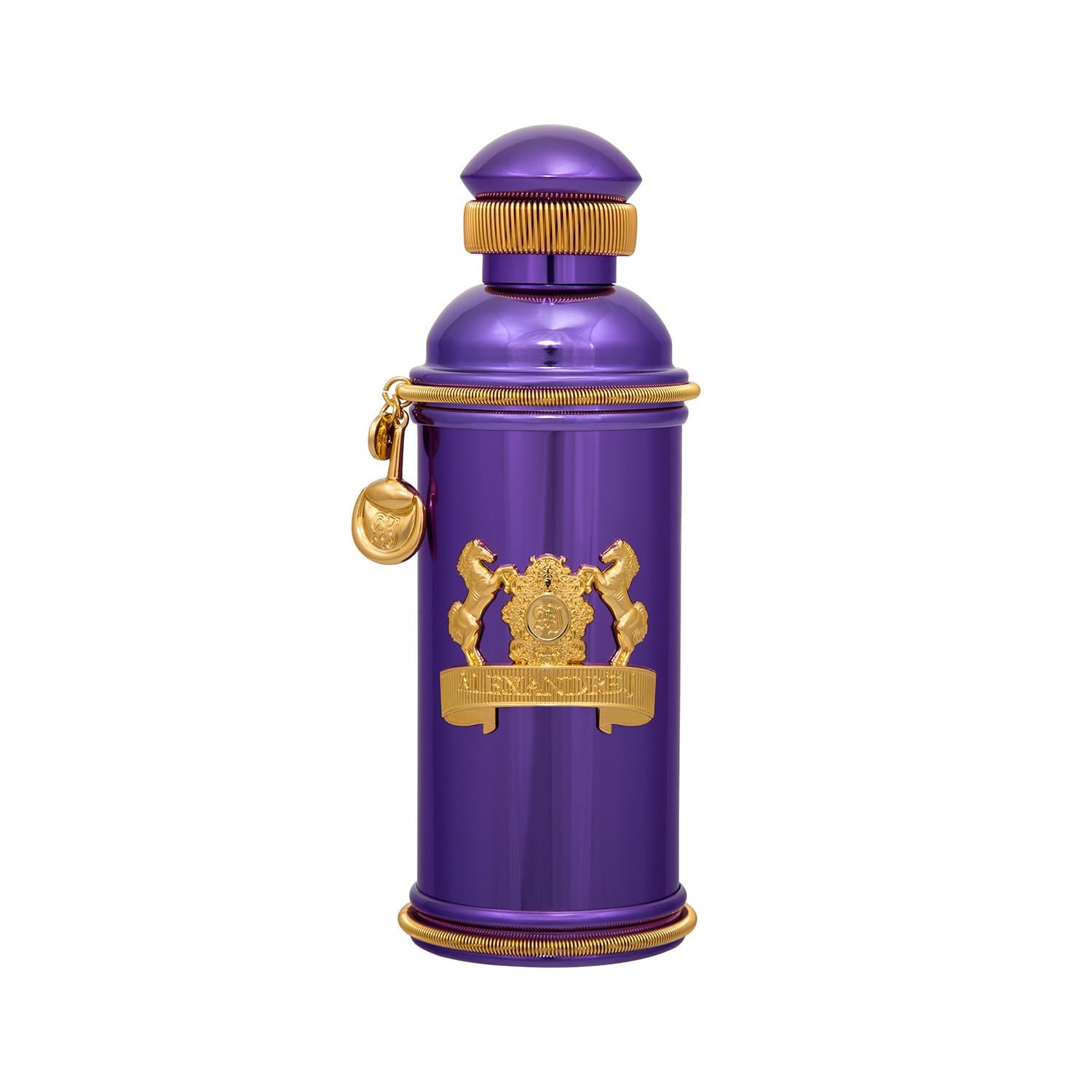 Lila Parfümflakon mit goldenen Verzierungen und einem Wappenmotiv.