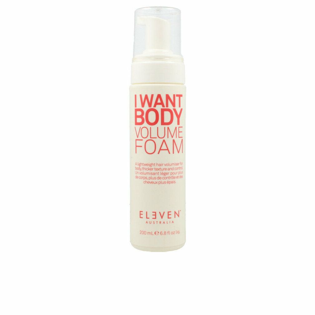 Beige Flasche mit roter Schrift: I WANT BODY VOLUME FOAM. Marke: ELEVEN AUSTRALIA. Mit Pumpverschluss. Text in Englisch und Französisch.