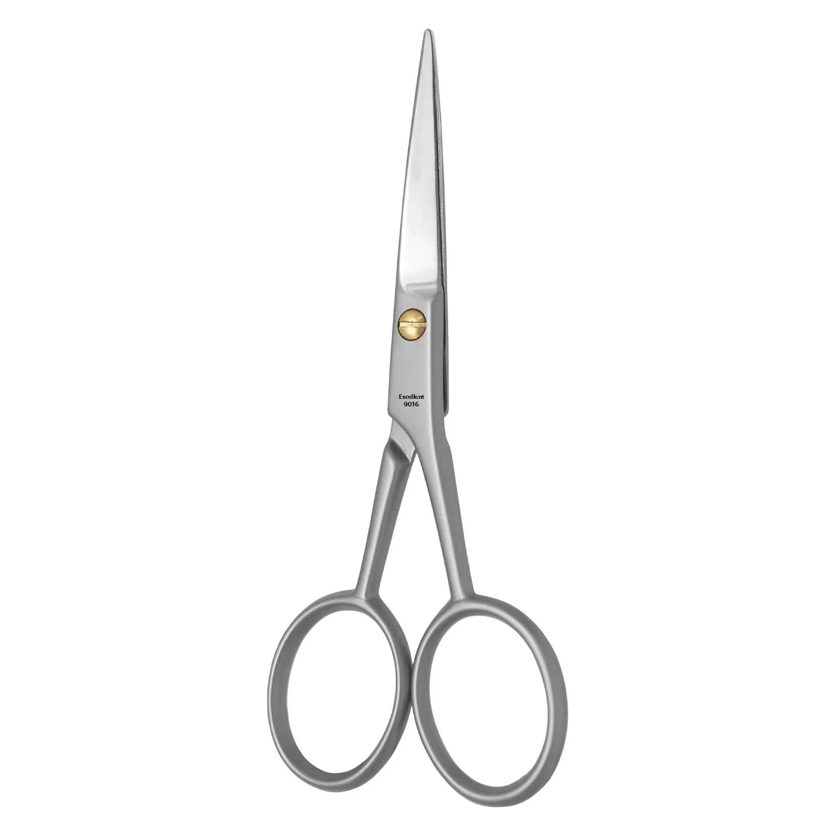 Silberne Bartschere. Metall, mit runden Griffen und spitzer Spitze. Goldfarbene Schraube. Aufschrift.