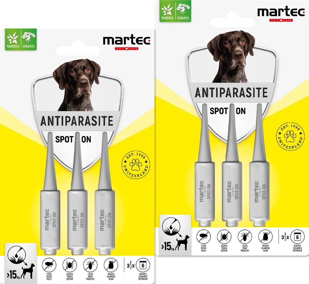 Verpackung mit drei Spot-On-Pipetten. Aufschrift: Antiparasite, martec. Abbildungen von Hund, Zecken, Flöhen, Milben. Zertifizierung.