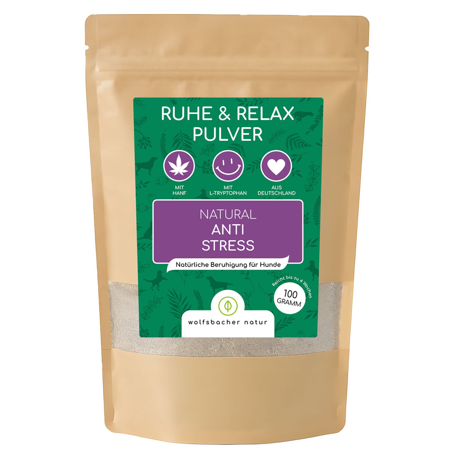 Beutel mit Pulver. Aufschrift: Ruhe & Relax Pulver, Natural Anti Stress, 100 Gramm. Mit Hanf, L-Tryptophan, aus Deutschland.