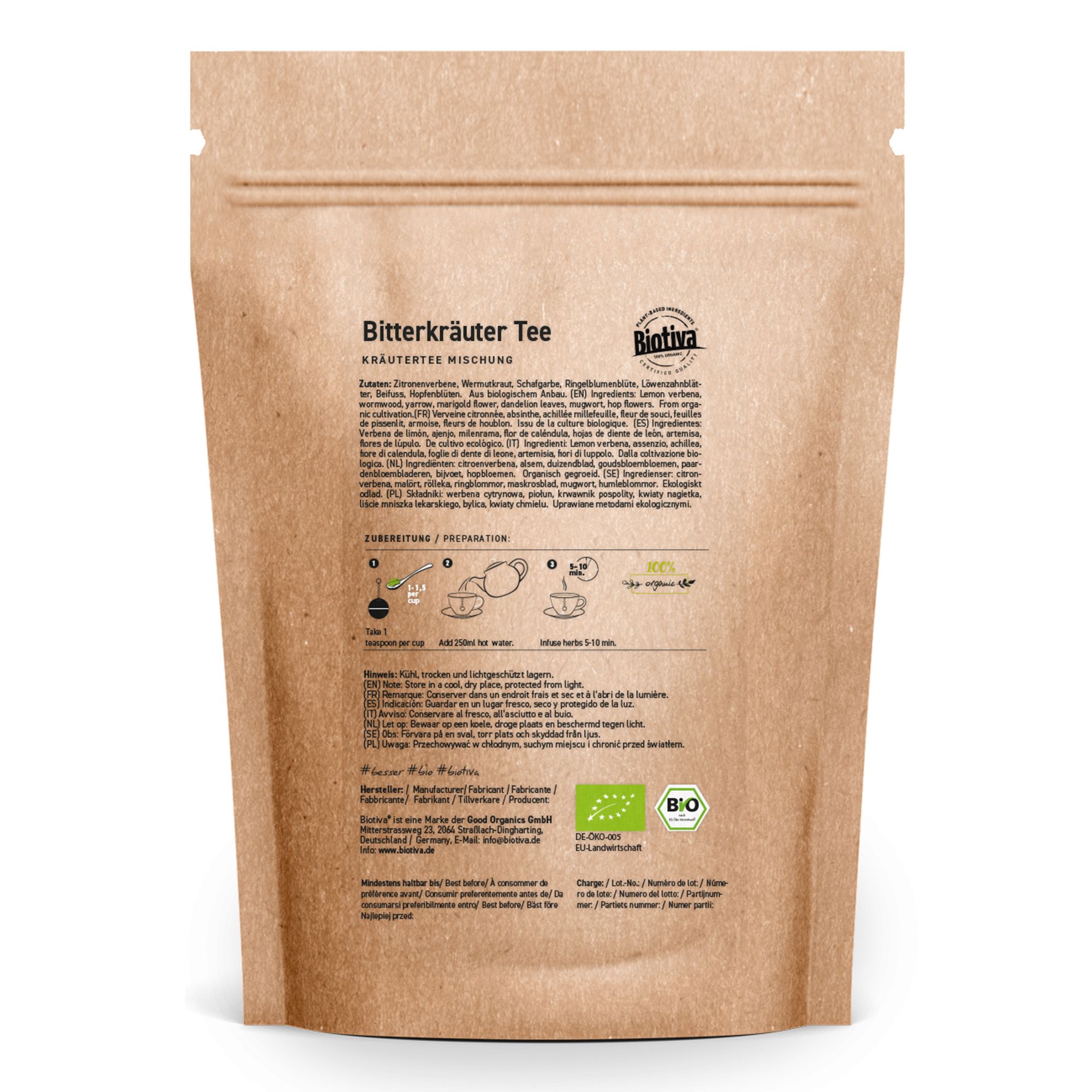 Braune Papierverpackung mit Text und Logo. Rückseite mit Zutatenliste, Zubereitungshinweisen und Bio-Siegel. Marke: Biotiva.