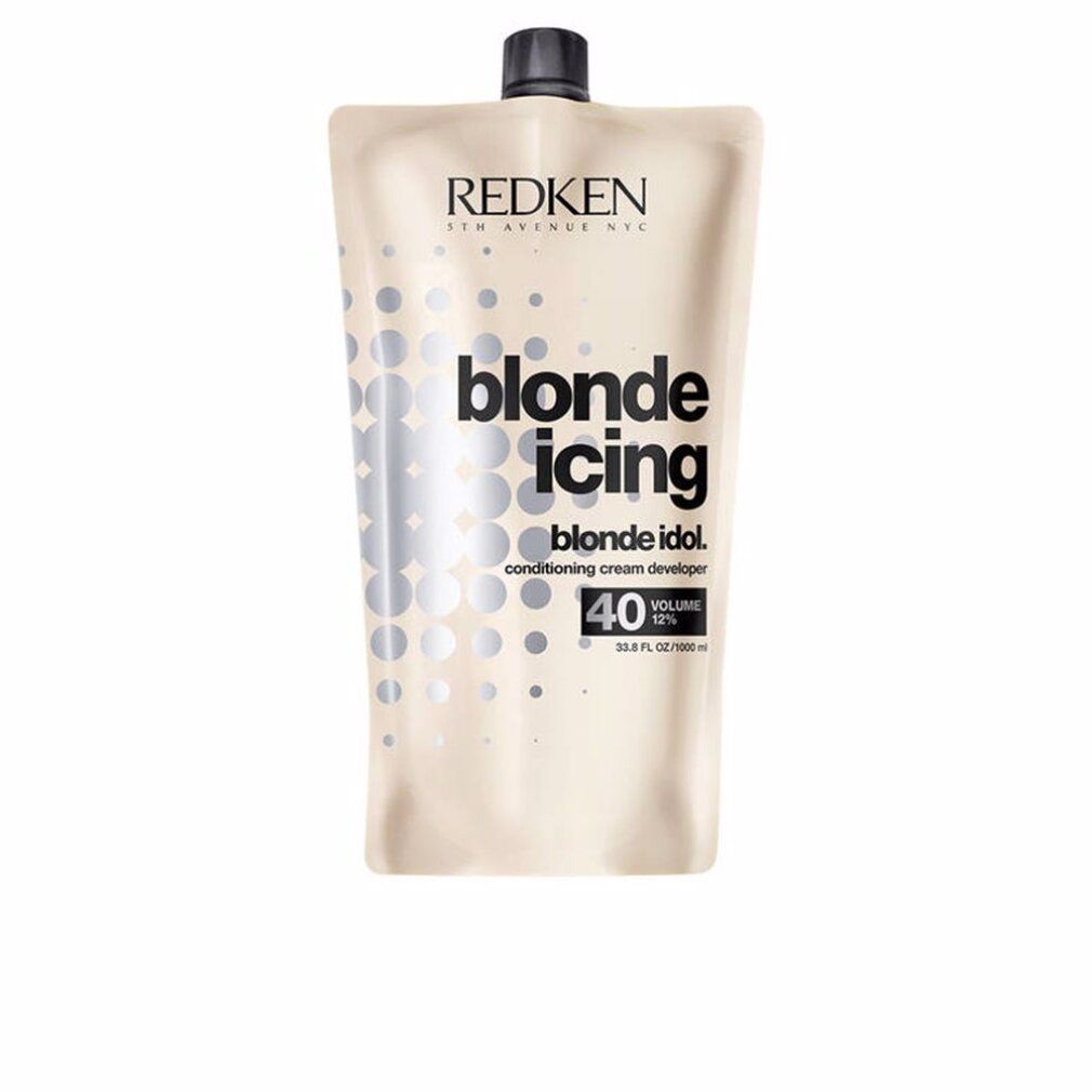 Beutel mit schwarzem Verschluss. Aufschrift: REDKEN, blonde icing, blonde idol, 40 Volume 12%.
